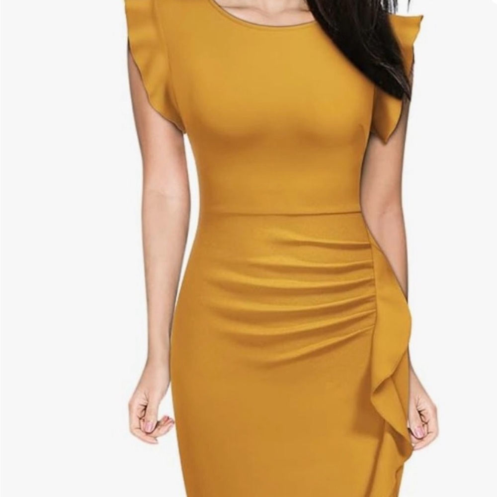 Miusol Mustard Asymmetrical Dress with Ruffle Sleeves